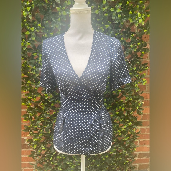 Thomas Pink London Navy Blue Polka Dot Pure Silk Blouse UK 8 US 4 Wrap Waist - Picture 6 of 14